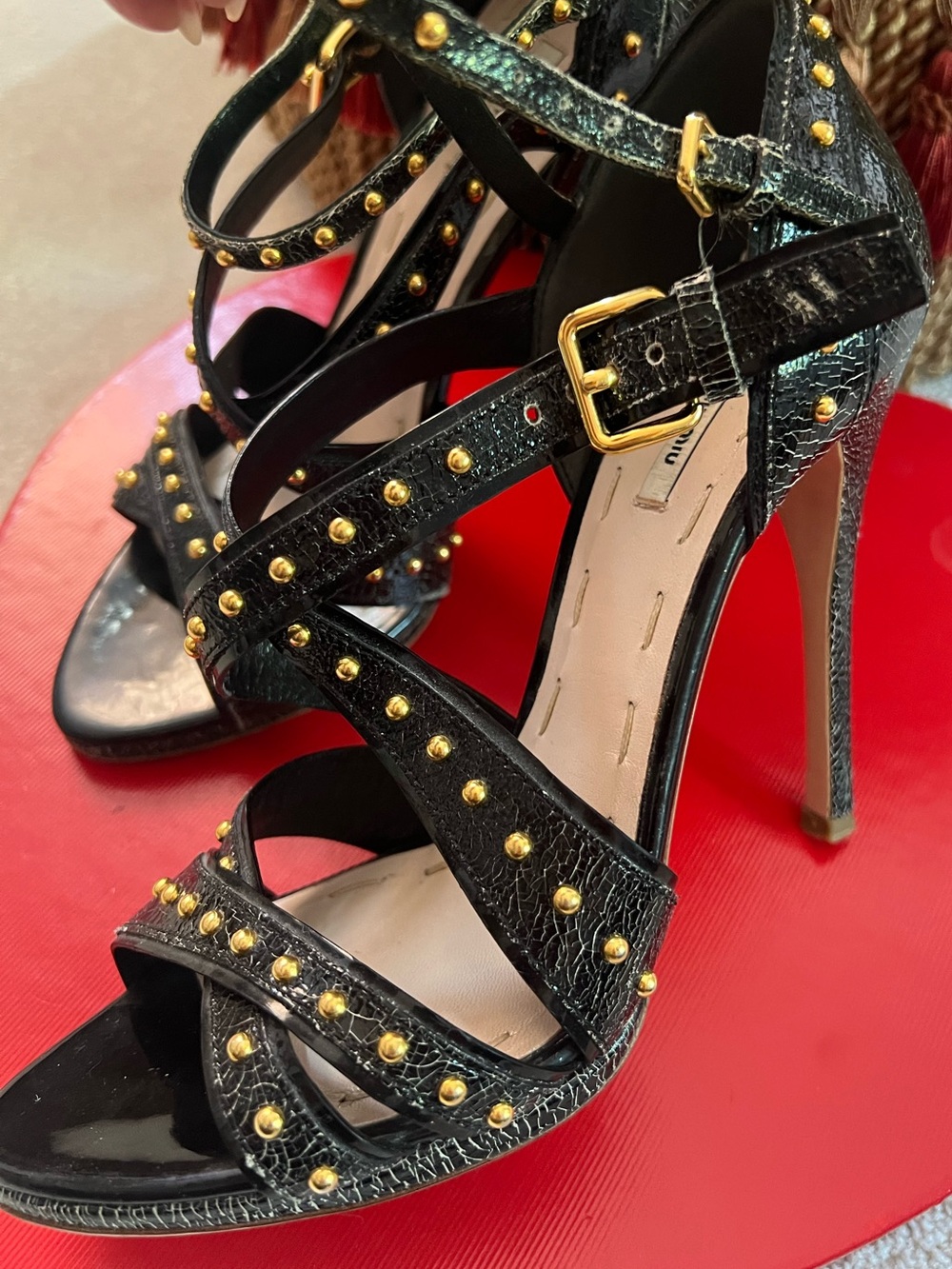 Miu Miu Black Crackled Leather Studded Strappy High-Heel Sandals ā¤ļøāš„ - Picture 6 of 16